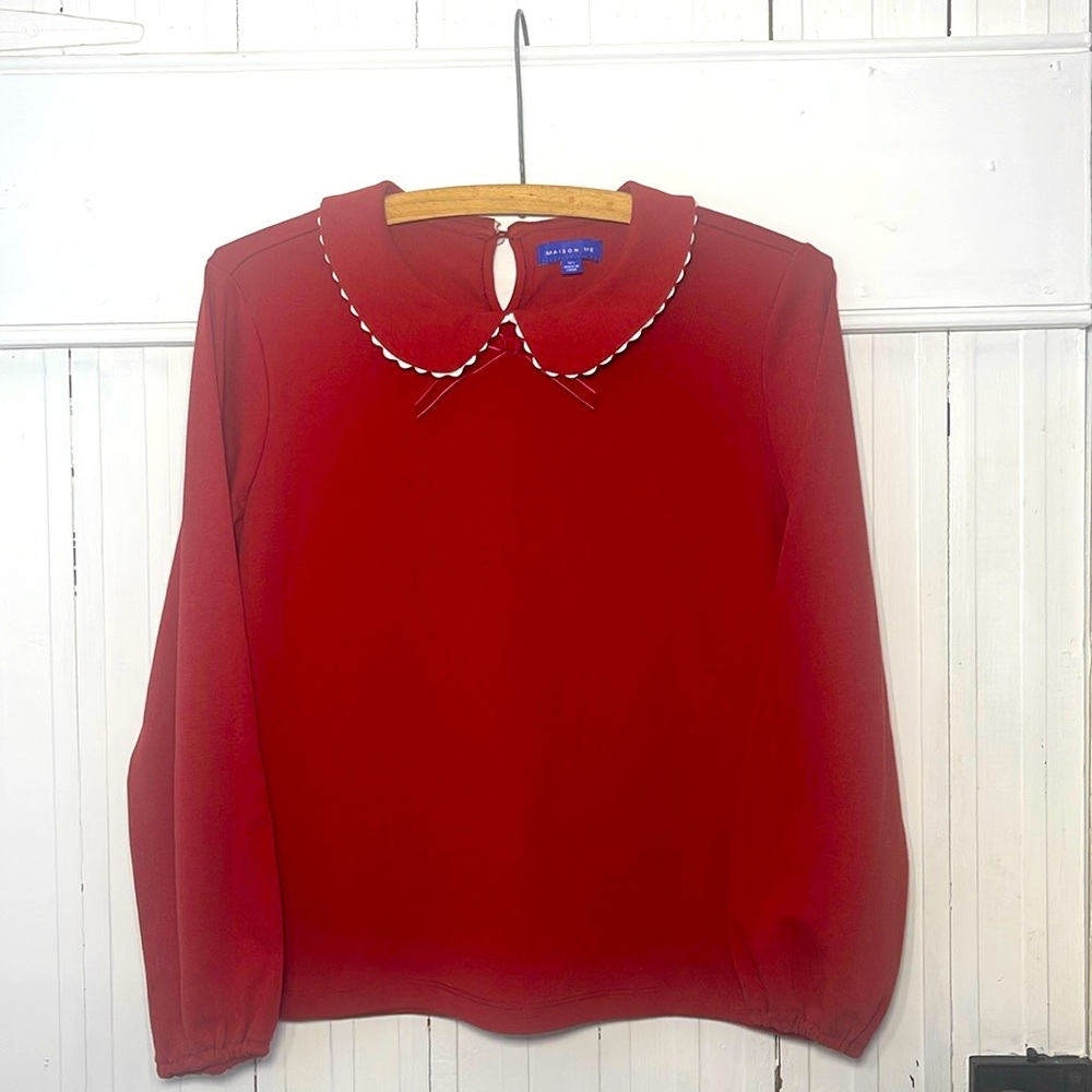 MAISON ME Maisonette EUC Red Peter Pan Collar Ric Rac Long Sleeve Blouse